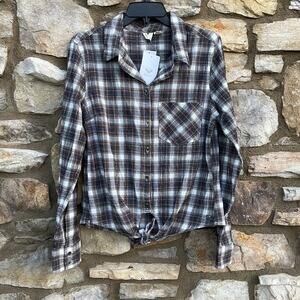 Roxy long sleeve brown plaid button down shirt front knot tie size large NEW